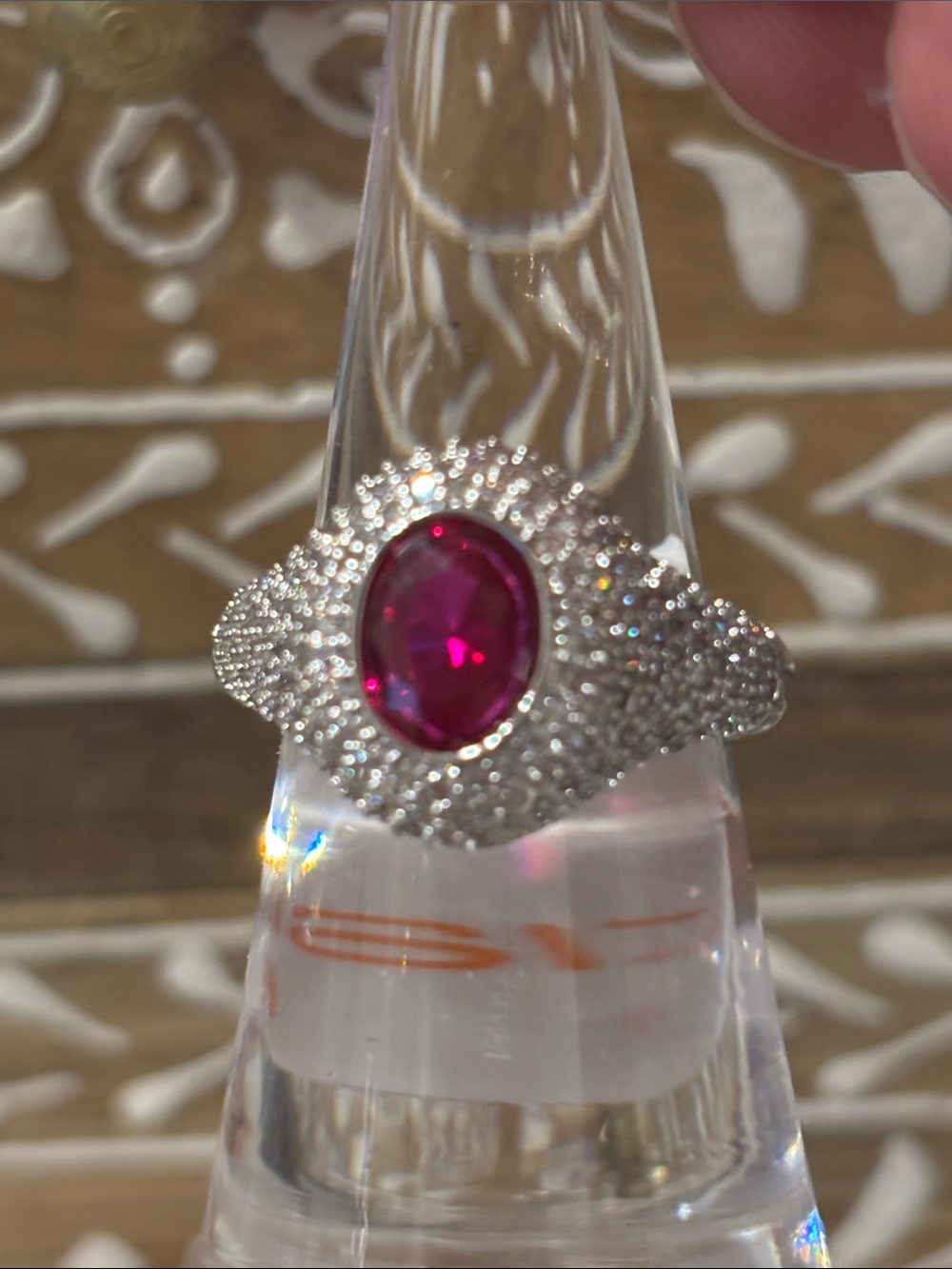 Majestic Silver Toned Ring with Pink Ruby-Center Halo